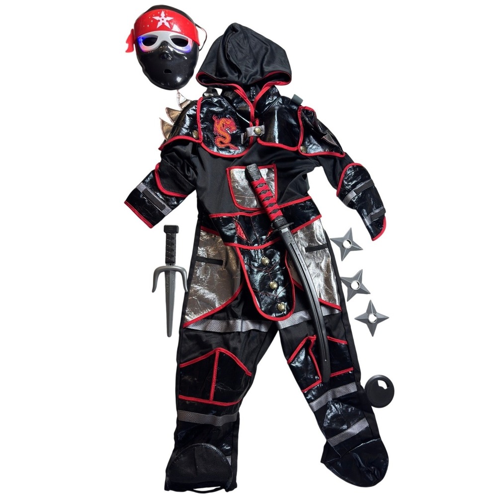 Teetot Ninja Costume Kids Size 5-6 Black Red Dragon Light Up Mask Sword Set